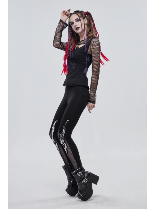 Gothic Black Stretch Knitted Fabric Spliced Mesh Devil Sheep Head Pattern Printing Leggings