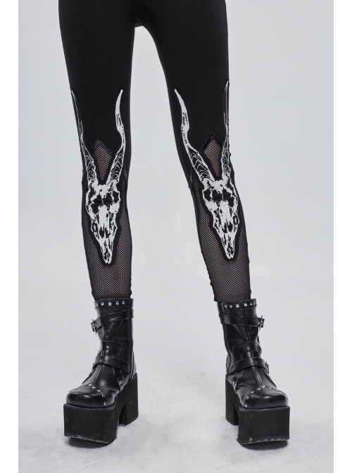 Gothic Black Stretch Knitted Fabric Spliced Mesh Devil Sheep Head Pattern Printing Leggings