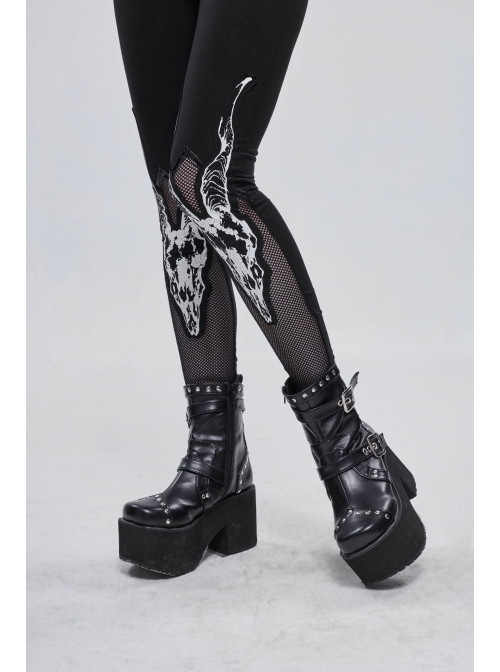 Gothic Black Stretch Knitted Fabric Spliced Mesh Devil Sheep Head Pattern Printing Leggings