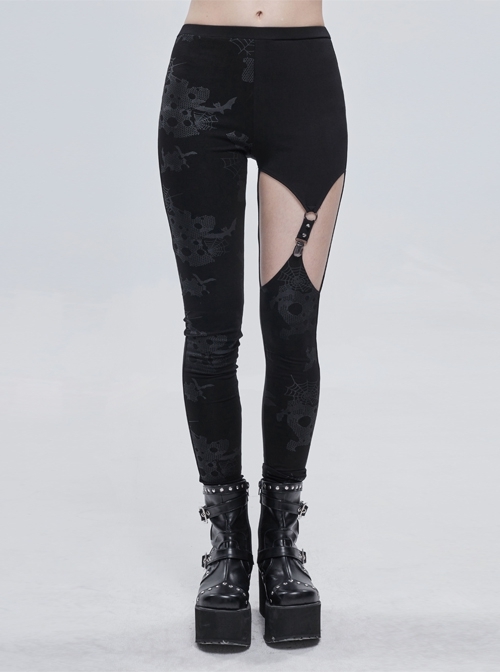 Gothic Dark Grey Ripped Spider Web Print Asymmetric Belt Buckle Decoration Leggings