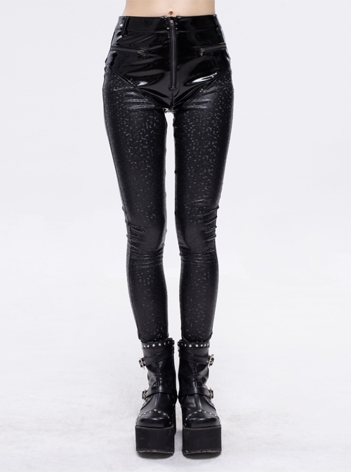 Gothic Black Hexagon Pattern Irregular Star Reflection Shiny Elasticity Leather Leggings