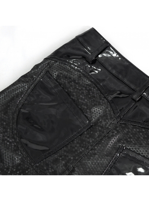 Gothic Black Hexagon Pattern Irregular Star Reflection Shiny Elasticity Leather Leggings