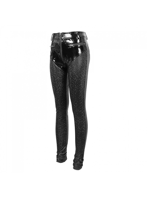Gothic Black Hexagon Pattern Irregular Star Reflection Shiny Elasticity Leather Leggings
