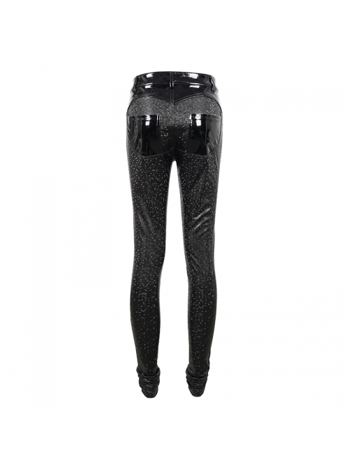 Gothic Black Hexagon Pattern Irregular Star Reflection Shiny Elasticity Leather Leggings