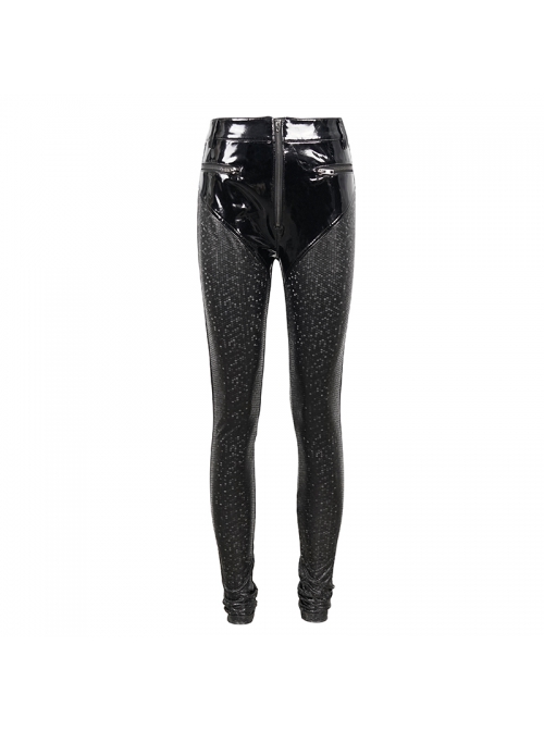 Gothic Black Hexagon Pattern Irregular Star Reflection Shiny Elasticity Leather Leggings