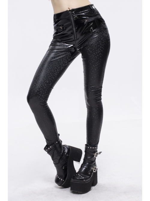 Gothic Black Hexagon Pattern Irregular Star Reflection Shiny Elasticity Leather Leggings