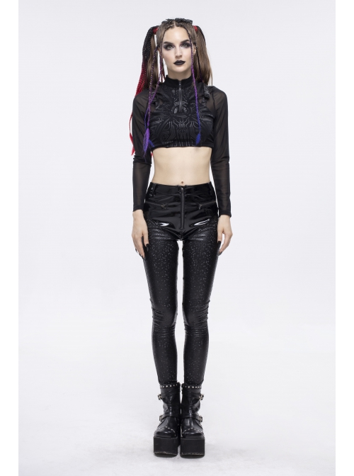 Gothic Black Hexagon Pattern Irregular Star Reflection Shiny Elasticity Leather Leggings