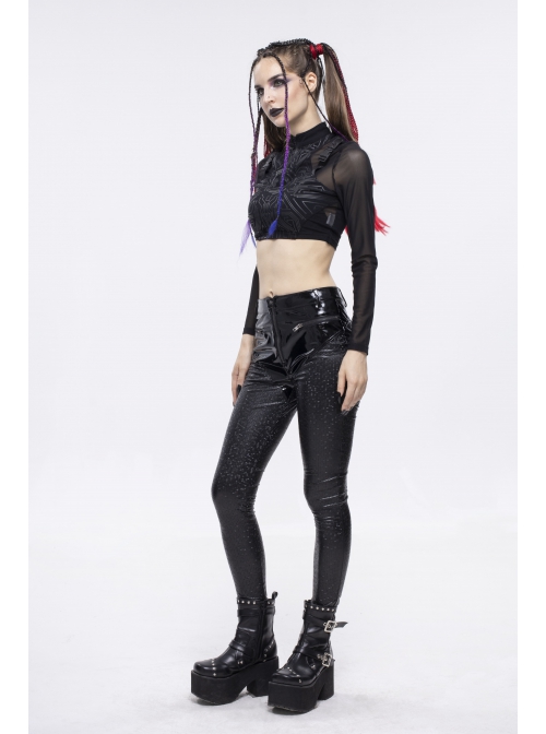 Gothic Black Hexagon Pattern Irregular Star Reflection Shiny Elasticity Leather Leggings