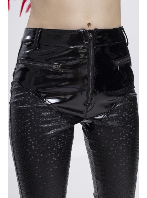 Gothic Black Hexagon Pattern Irregular Star Reflection Shiny Elasticity Leather Leggings