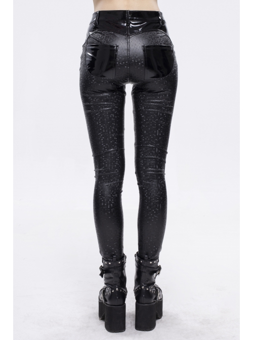 Gothic Black Hexagon Pattern Irregular Star Reflection Shiny Elasticity Leather Leggings