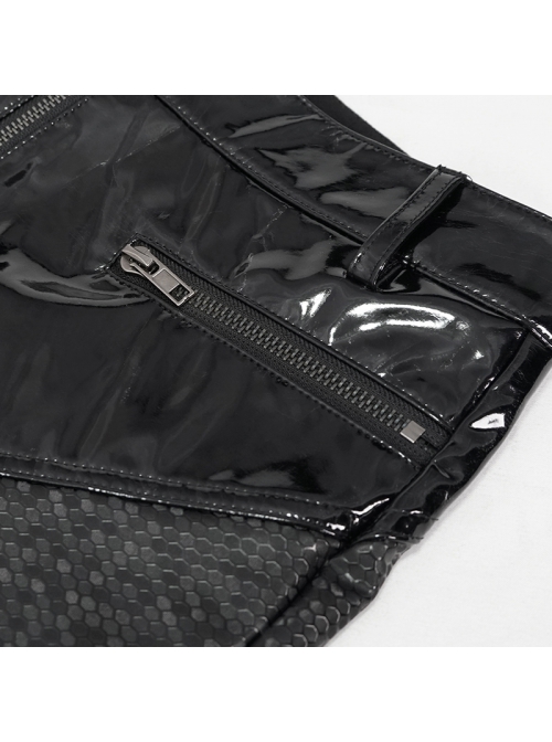 Gothic Black Hexagon Pattern Irregular Star Reflection Shiny Elasticity Leather Leggings
