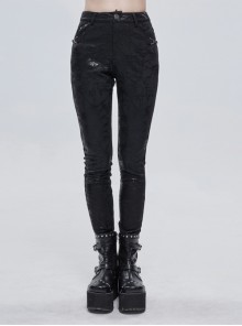 Punk Black Knitted Over Glue Metal Buckle Decoration Elasticity Leather Leggings