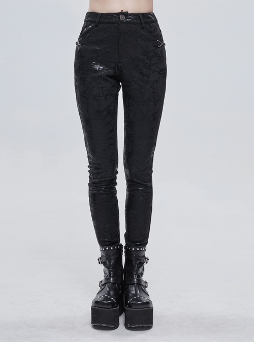 Punk Black Knitted Over Glue Metal Buckle Decoration Elasticity Leather Leggings