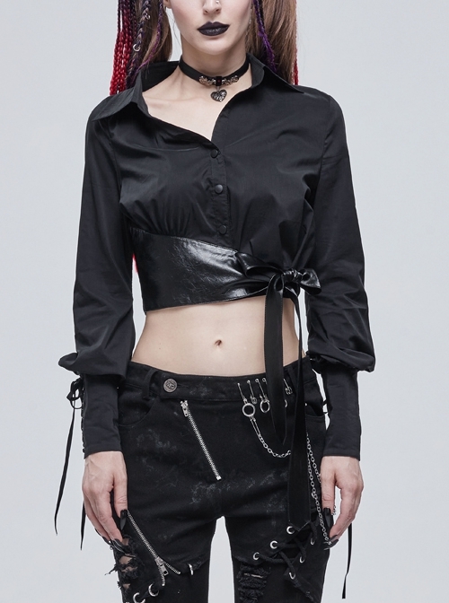 Punk Buttonhole Cuffs With Cord Design Cropped Thin Texture Long Sleeve Asymmetrical Neckline Shirt