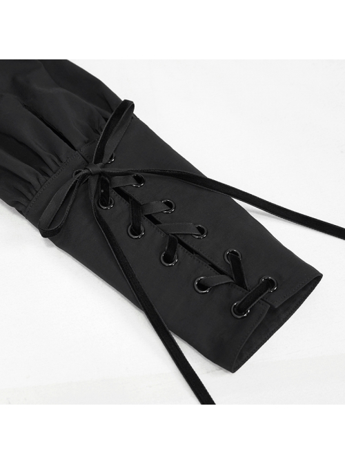 Punk Buttonhole Cuffs With Cord Design Cropped Thin Texture Long Sleeve Asymmetrical Neckline Shirt