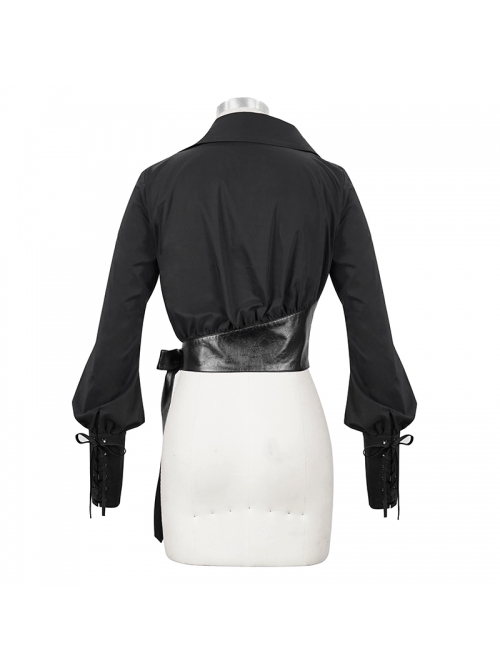 Punk Buttonhole Cuffs With Cord Design Cropped Thin Texture Long Sleeve Asymmetrical Neckline Shirt