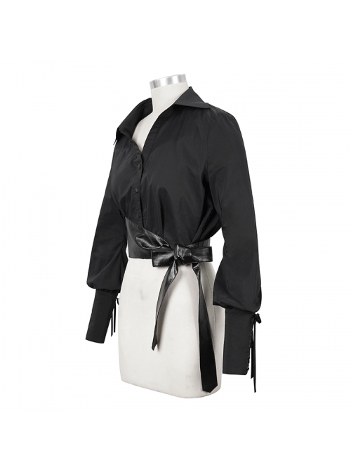 Punk Buttonhole Cuffs With Cord Design Cropped Thin Texture Long Sleeve Asymmetrical Neckline Shirt