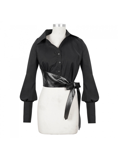 Punk Buttonhole Cuffs With Cord Design Cropped Thin Texture Long Sleeve Asymmetrical Neckline Shirt