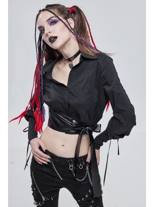 Punk Buttonhole Cuffs With Cord Design Cropped Thin Texture Long Sleeve Asymmetrical Neckline Shirt