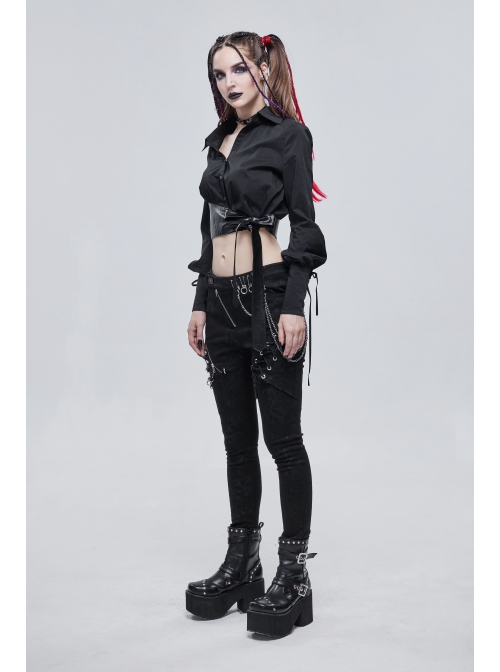 Punk Buttonhole Cuffs With Cord Design Cropped Thin Texture Long Sleeve Asymmetrical Neckline Shirt