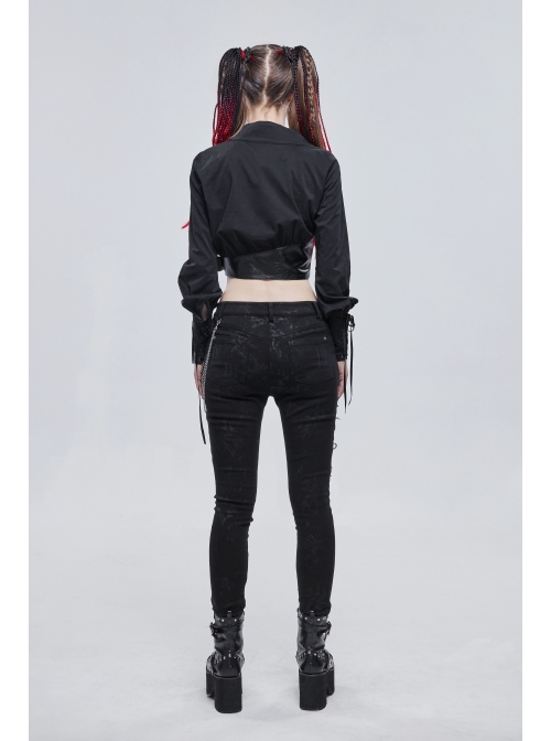 Punk Buttonhole Cuffs With Cord Design Cropped Thin Texture Long Sleeve Asymmetrical Neckline Shirt