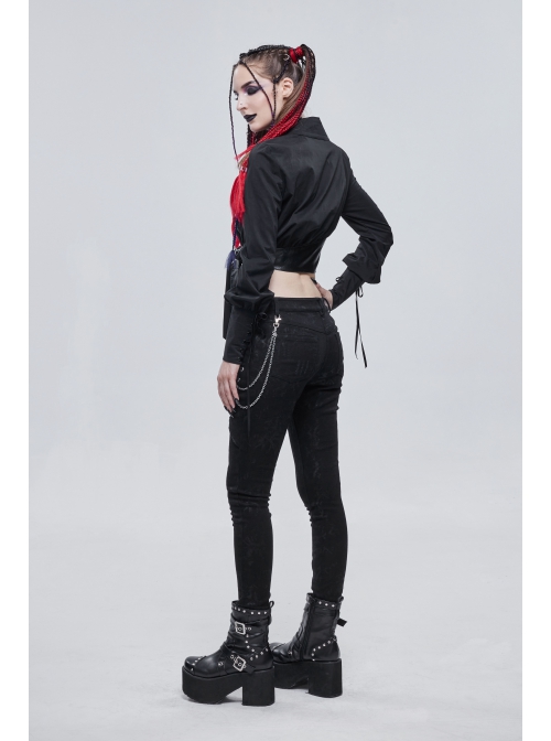 Punk Buttonhole Cuffs With Cord Design Cropped Thin Texture Long Sleeve Asymmetrical Neckline Shirt