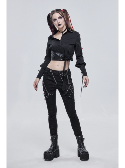 Punk Buttonhole Cuffs With Cord Design Cropped Thin Texture Long Sleeve Asymmetrical Neckline Shirt
