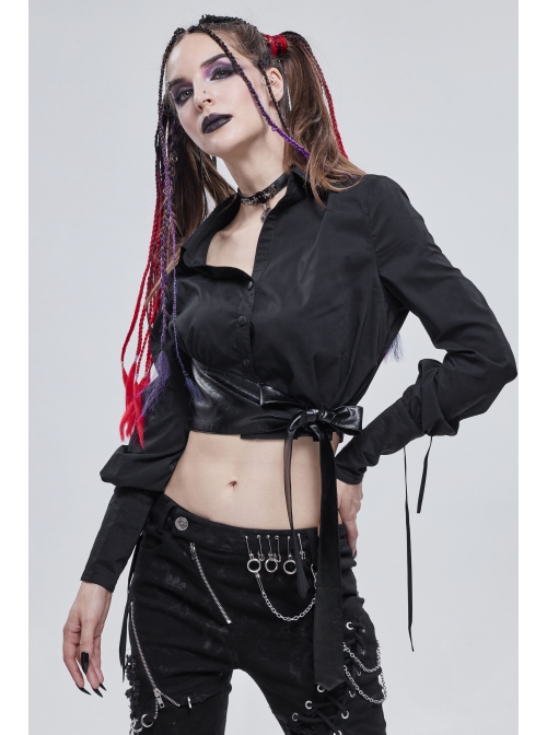 Punk Buttonhole Cuffs With Cord Design Cropped Thin Texture Long Sleeve Asymmetrical Neckline Shirt