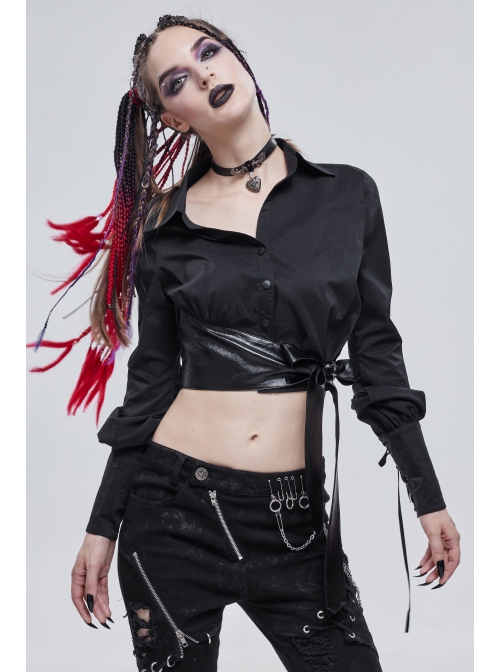Punk Buttonhole Cuffs With Cord Design Cropped Thin Texture Long Sleeve Asymmetrical Neckline Shirt