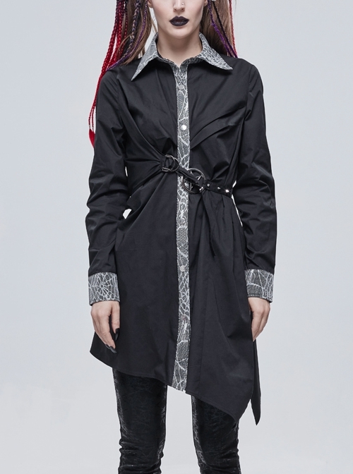 Black Patchwork Lace Spider Web Design Asymmetric Pleats Metal D-Shaped Buckle Decoration Female Long Shirt