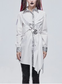 White Patchwork Lace Spider Web Design Asymmetric Pleats Metal D-Shaped Buckle Decoration Female Long Shirt