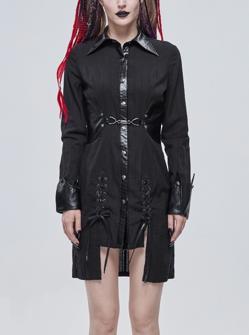 Punk Vertical Suture Texture Leather Metal Buckle Design Decoration Long Shirt