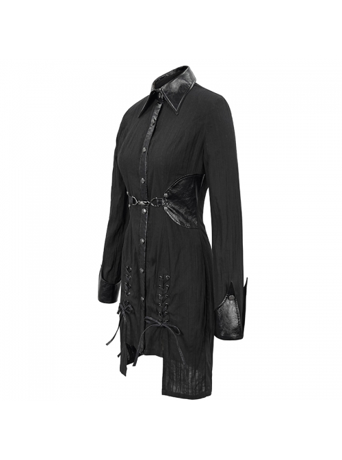 Punk Vertical Suture Texture Leather Metal Buckle Design Decoration Long Shirt