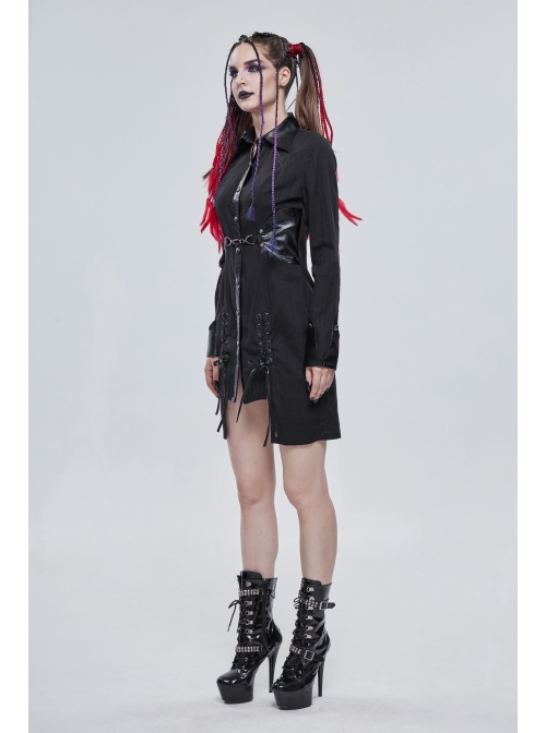 Punk Vertical Suture Texture Leather Metal Buckle Design Decoration Long Shirt