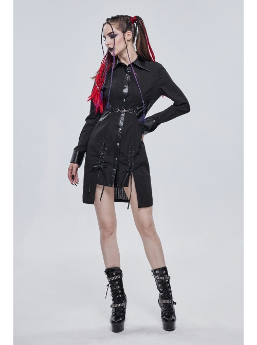 Punk Vertical Suture Texture Leather Metal Buckle Design Decoration Long Shirt