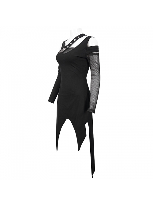 Punk Asymmetric Distressed Design Metal Ghost Hand Buttonhole Decoration Dress