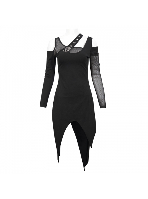 Punk Asymmetric Distressed Design Metal Ghost Hand Buttonhole Decoration Dress