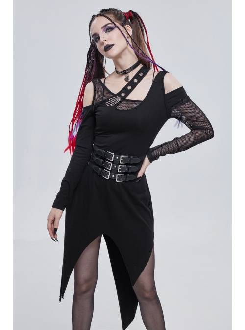 Punk Asymmetric Distressed Design Metal Ghost Hand Buttonhole Decoration Dress