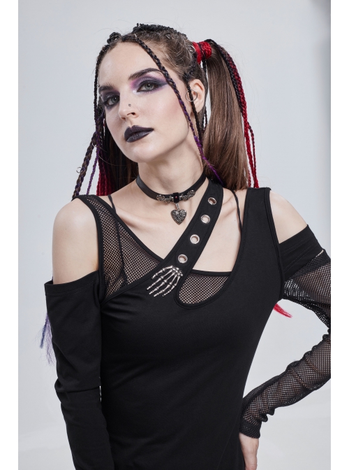 Punk Asymmetric Distressed Design Metal Ghost Hand Buttonhole Decoration Dress
