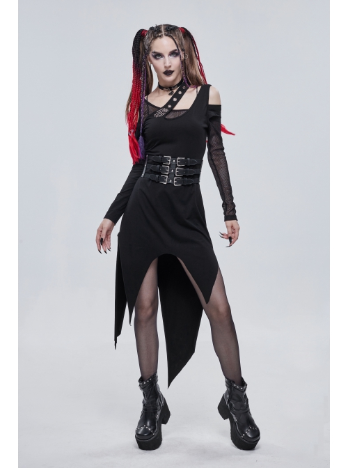 Punk Asymmetric Distressed Design Metal Ghost Hand Buttonhole Decoration Dress