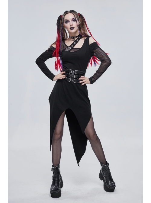 Punk Asymmetric Distressed Design Metal Ghost Hand Buttonhole Decoration Dress