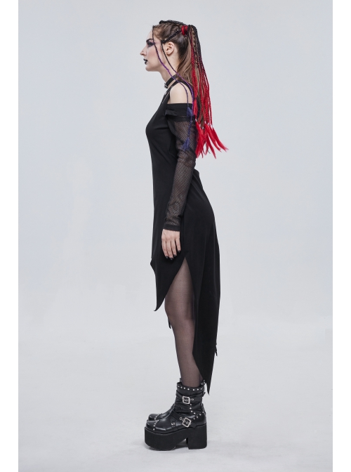 Punk Asymmetric Distressed Design Metal Ghost Hand Buttonhole Decoration Dress