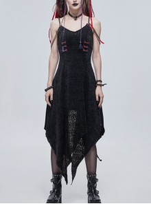Gothic Dark Black Textured Grained Knit Irregular Hem Design Off-The-Shoulder Chain Trim Dress
