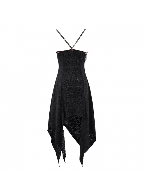 Gothic Dark Black Textured Grained Knit Irregular Hem Design Off-The-Shoulder Chain Trim Dress