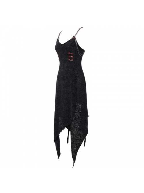 Gothic Dark Black Textured Grained Knit Irregular Hem Design Off-The-Shoulder Chain Trim Dress