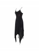 Gothic Dark Black Textured Grained Knit Irregular Hem Design Off-The-Shoulder Chain Trim Dress