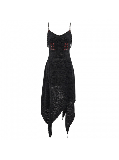 Gothic Dark Black Textured Grained Knit Irregular Hem Design Off-The-Shoulder Chain Trim Dress