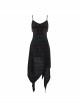 Gothic Dark Black Textured Grained Knit Irregular Hem Design Off-The-Shoulder Chain Trim Dress