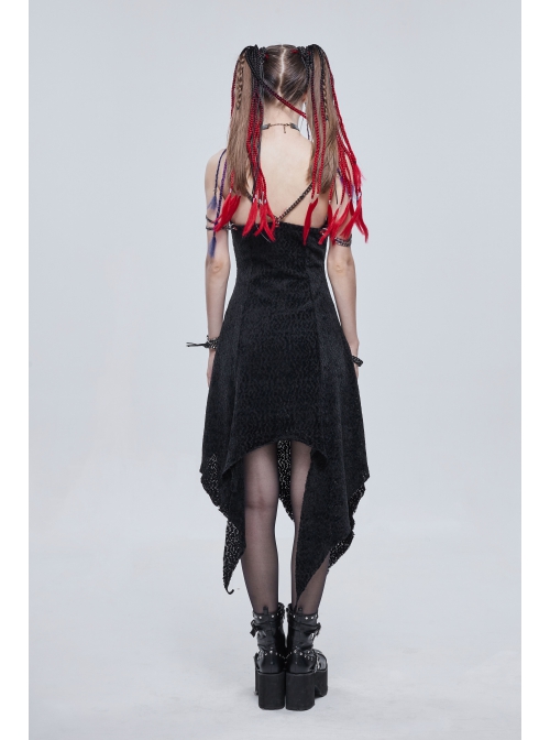 Gothic Dark Black Textured Grained Knit Irregular Hem Design Off-The-Shoulder Chain Trim Dress