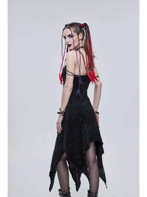 Gothic Dark Black Textured Grained Knit Irregular Hem Design Off-The-Shoulder Chain Trim Dress